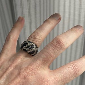 Silver black and white diamond dome ring, size 7